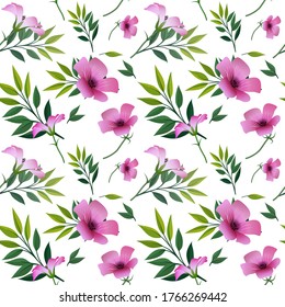 Seamless floral print, bright purple with pink flowers and green twigs with leaves, white background. Great for decorating fabrics, textiles, gift wrapping, printed matter, interiors, advertising.