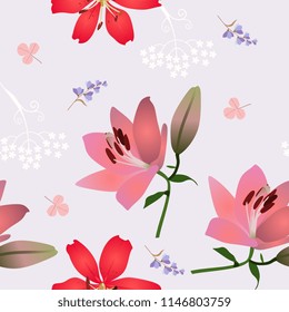 Seamless floral print for fabric with red and pink lilies, little bell flowers and leaves of clover isolated on light purple background.