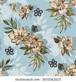 Seamless floral print featuring brown-toned flowers and green leaves on a light blue-green background. Perfect for vintage textiles and decorative use.