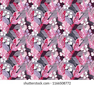 Seamless floral print on dark background. Fashionable colors with red, pink and white colors. Print with butterflies, flowers and striped leaves.
