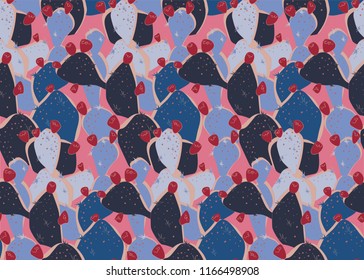 Seamless floral print on pink background. The picture of the cactus species Opuntia. Fashionable modern prints with cacti. Template for web design.