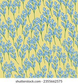 Seamless floral print pattern with yellow and blue mimosa flowers, leaves in hand drawn style on a blue-turquoise background. Ukraine flag flower concept. Spring summer template for design