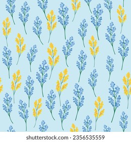 Seamless floral print pattern with yellow and blue mimosa flowers, leaves in hand drawn style on a blue-turquoise background. Ukraine flag flower concept. Spring summer template for design