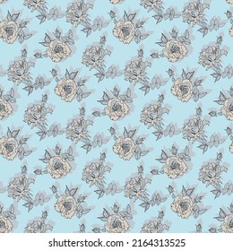 Seamless floral print. Rose with a bud and leaves on a light blue background. Outline, Hand-drawn for textile decoration of wallpaper, paper, scarves, hijab. Stylish drawing.