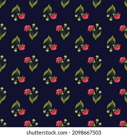 Seamless Floral Print of Sandalwood Botanical Motifs. Vector Seamless Pattern. Pink and Green Floral Motifs Arranged on Dark Blue Background for Textile, Wallpaper, Upholstery, Home Decor products