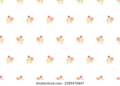 Seamless floral print. Tiny bouquets of daisies on white background. Blooming, colorful abstract flowers. Liberty print for clothing, textile, kids, women, wrapping, covers, surfaces.