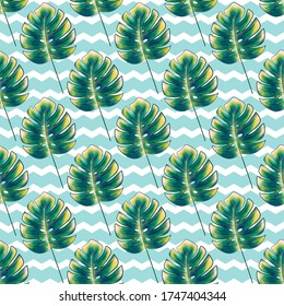 Seamless floral print of tropical leaves, monstera in green and yellow colors. Mint background with white zigzags. Fashionable and glamorous decoration of any of your bold advertising projects.
