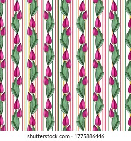 Seamless floral print, vertical borders from bright magenta tulip buds, green leaves, white background with colored stripes. For the manufacture of modern, beautiful and quality products.