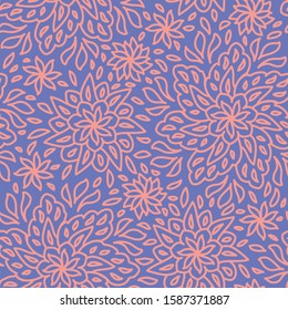 Seamless  floral red coral pattern lined  background blue