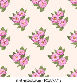 Seamless floral regular pattern. Watercolor shabby style. Garden zinnia flower, eucalyptus branch, thyme, greenery leaves, agapanthus. Fashionable background print for textile, wallpaper, home design.
