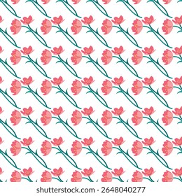 Um padrão de repetição floral sem costura com flores rosa florescendo no arranjo diagonal contra um fundo branco limpo, perfeito para têxteis, papéis de parede e projetos de design criativo.