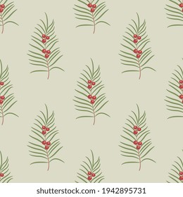 Seamless floral repeating pattern with green branches with red berries. On light background.