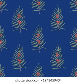 Seamless floral repeating pattern with green branches with red berries. On blue background.