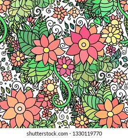 Seamless floral repeating zentangle inspired pattern with flowers and leaves