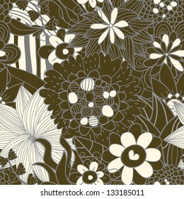 Seamless floral retro pattern in brown color with hearts