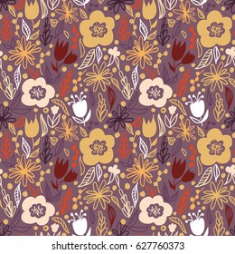 Seamless floral retro pattern, doodle flowers on dark background