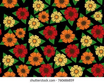Seamless floral retro pattern on black background with orange, red, yellow flowers
