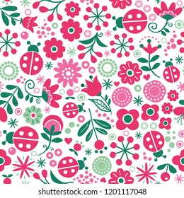 Seamless floral retro vector pattern - hand drawn vintage Scandinavian style textile design with red and green flowers and ladybirds on white. Cute folk art repetitive decoration, wedding invitation o