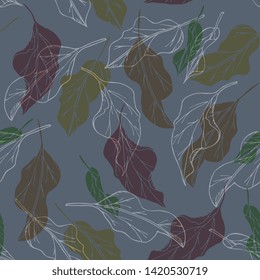 Seamless floral romantic pattern with colored leaves. outline handdrawing, sketch,vintage style. Illustration can be used for gift wrapping,  web pages, printing products