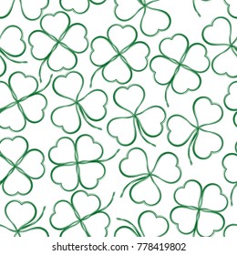 Seamless Floral Saint Patrick Holiday Pattern, Symbolic Clover Plants, Three-Leaved and Four-Leaved, Green Contours on Tile White Background. Vector