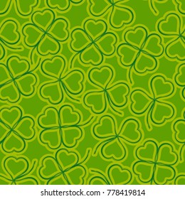 Seamless Floral Saint Patrick Holiday Pattern, Symbolic Clover Plants, Three-Leaved and Four-Leaved, Green and Yellow Contours on Tile Background. Vector