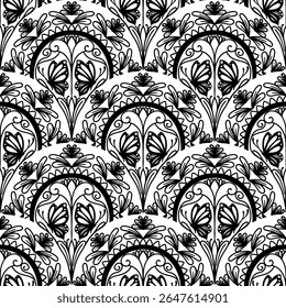 seamless floral scribble pattern background, motifs floral hand drawn, scribble style, scallop pattern, design for seamless floral pattern, printing, wrapping, background and craft