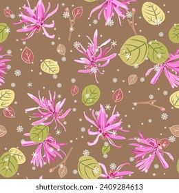 Seamless floral seasonal pattern with blooming of Loropetalum Chinense plant and snowflakes. Chinese fringe flower or strap flower. Pink blossom and green leaves on light brown background.