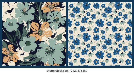 Seamless floral set, vector trendy double companion, handmade pattern for fabric design, decor, ceramics, cards, flowers, texture print on dark and light backgrounds