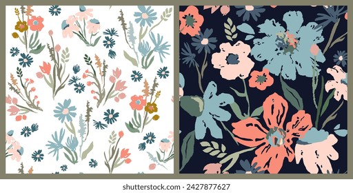 Seamless floral set, vector trendy double companion, handmade pattern for fabric design, decor, ceramics, cards, flowers, texture print on dark and light backgrounds