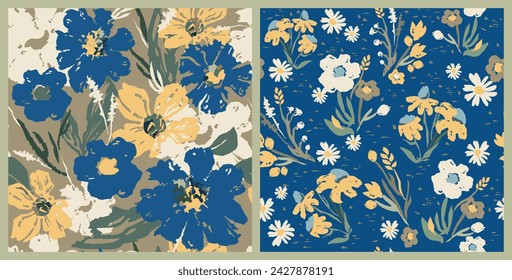 Seamless floral set, vector trendy double companion, handmade pattern for fabric design, decor, ceramics, cards, flowers, texture print on dark and a blue background