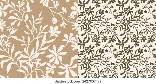 Seamless floral set, vector trendy double companion, handmade pattern for fabric design, decor, ceramics, cards, flowers, texture print on a dark and light background