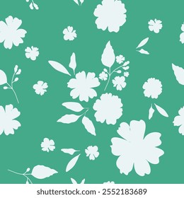 Seamless floral silhouette pattern with white flowers and leaves on a green background, perfect for fabric, wallpaper, stationery, nature-inspired designs, and spring projects.