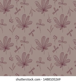 Seamless floral simple pattern. Brown and grey herbs. Botanical pattern with hand drawn herbs, leaves, branches, berries, flowers. Perfect for graphic design for paper, textile print.