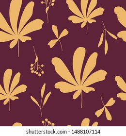 Seamless floral simple pattern. Brown and yellow herbs. Botanical pattern with hand drawn herbs, leaves, branches, berries. Perfect for graphic design for paper, textile print.