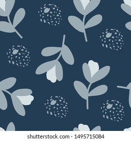 Seamless floral simple pattern. Deep and light blue colours. Botanical pattern with hand drawn simple floral branches and abstract specks. Perfect for graphic design for wrapping paper, textile print.