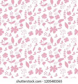 Seamless floral simple pattern. Pink and white herbs. Botanical pattern with hand drawn herbs, leaves, branches, berries, flowers. Perfect for graphic design for paper, textile print.