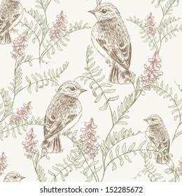 Seamless Floral Sketch Pattern With Bird And Wild Vetch. Vintage Flower Background For You Design And Scrapbooking.