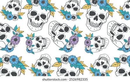 Seamless Floral Skull Design for Halloween, trendy and stylish skull pattern