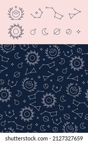 Seamless floral space background. An endless pattern of planets, moons, stars and constellations. An ornament of icons in the style of a linear contour.