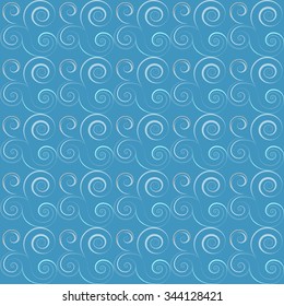 Seamless floral spiral pattern. Spiral, swirl, twirl lines. Twist floral light ornament on soft blue background. Blue, white colors. Vector illustration