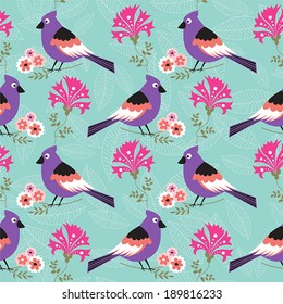 Seamless floral spring pattern with birds