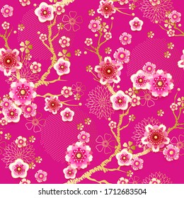 Seamless floral spring pattern with blooming plum in Chinese style