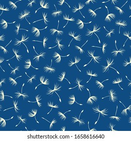 Seamless floral spring pattern with dandelion seeds. Botanical modern  classic blue texture or background in vector. Design template for cover, wallpaper, textile