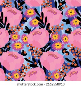 Seamless floral spring pattern, flowers and leaves backgroung. Abstract floral texture for design wrapping paper, textile, print, gift, fabric, wallpaper