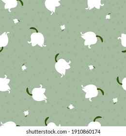 Patrón de primavera floral sin foco en tonos pastel verdes con lirios del valle. Plantilla para impresiones de moda sobre almohadas, textiles, telas, papel. Gráficos vectoriales.