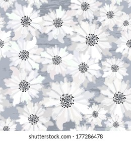 Seamless floral spring pattern with translucent white flowers on grunge background (vector EPS 10)