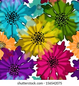 Seamless floral spring pattern with vivid translucent colorful flowers on white (vector EPS 10)