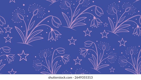 Seamless floral and star pattern on deep blue background with soft pink line art. Hand-drawn botanical style ideal for fabric,  and wrapping. Elegant design for creative projects.