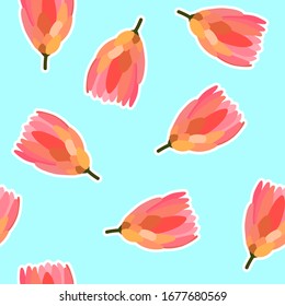 Seamless floral sticker vector pattern. Pink Protea flowers on blue background. Lines, flowers, plants illustration for wrapping paper, cards, clothes, textiles, weddings, Women's and Mother's Day