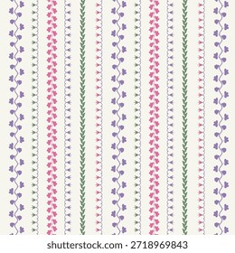 Seamless floral stripe pattern with delicate vines and leaves in pastel purple, pink, and green. Ideal for wallpaper, fabric, wrapping paper, stationery, textile prints, nursery decor, and soft feminine backgrounds.
